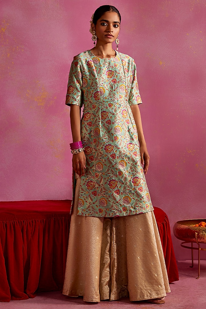 Beige Georgette & Banarasi Brocade Sharara Set by Mustard Moon by Neyha and Vrinda at Pernia's Pop Up Shop