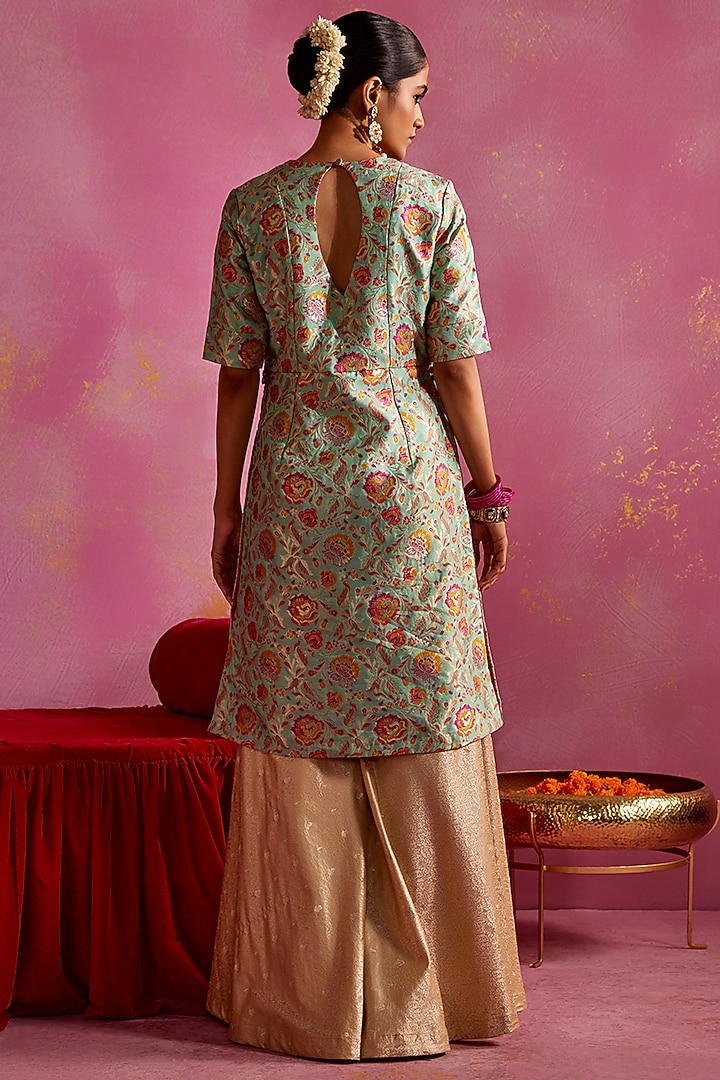 Beige Georgette & Banarasi Brocade Party Wear Sharara Set by Mustard Moon by Neyha and Vrinda at Pernia's Pop Up Shop