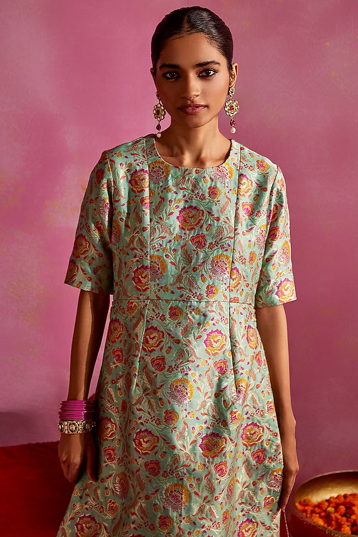 Beige Georgette & Banarasi Brocade Party Wear Sharara Set by Mustard Moon by Neyha and Vrinda at Pernia's Pop Up Shop
