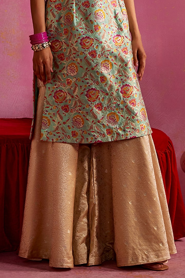 Beige Georgette & Banarasi Brocade Party Wear Sharara Set by Mustard Moon by Neyha and Vrinda at Pernia's Pop Up Shop