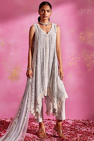 Powder Blue Georgette Mirror Work Asymmetric Kurta Set by Mustard Moon by Neyha and Vrinda