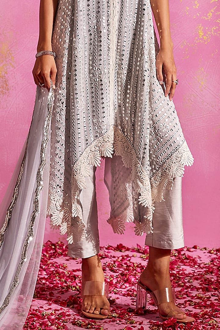 Powder Blue Georgette Mirror Work Asymmetric Kurta Set by Mustard Moon by Neyha and Vrinda at Pernia's Pop Up Shop