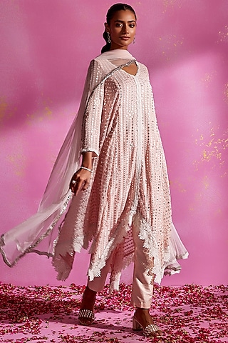 Blush Pink Georgette Mirror Work Asymmetric Kurta Set by Mustard Moon by Neyha and Vrinda
