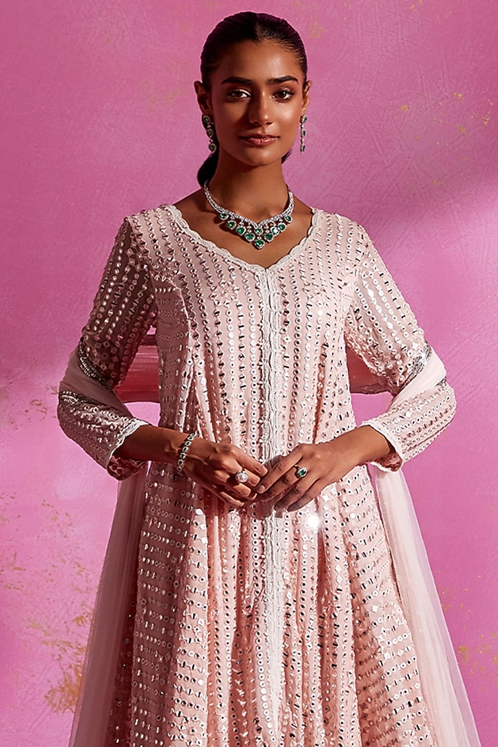 Blush Pink Georgette Mirror Work Asymmetric Kurta Set by Mustard Moon by Neyha and Vrinda at Pernia's Pop Up Shop