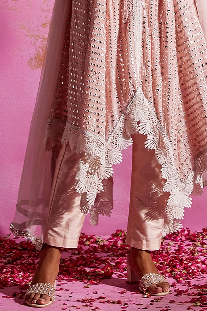 Blush Pink Georgette Mirror Work Asymmetric Kurta Set by Mustard Moon by Neyha and Vrinda at Pernia's Pop Up Shop