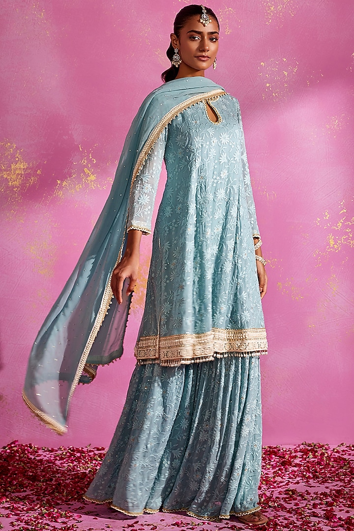 Deep Aqua Georgette Sharara Set by Mustard Moon by Neyha and Vrinda at Pernia's Pop Up Shop