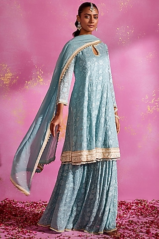 Deep Aqua Georgette Sharara Set by Mustard Moon by Neyha and Vrinda