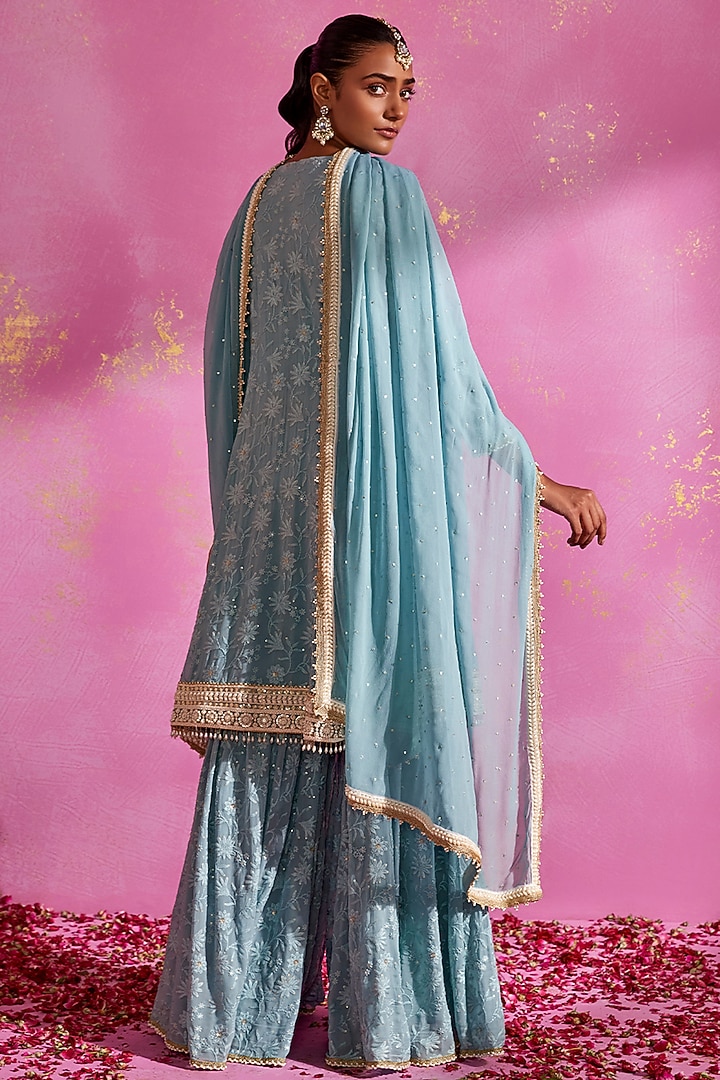 Deep Aqua Georgette Party Wear Sharara Set by Mustard Moon by Neyha and Vrinda at Pernia's Pop Up Shop