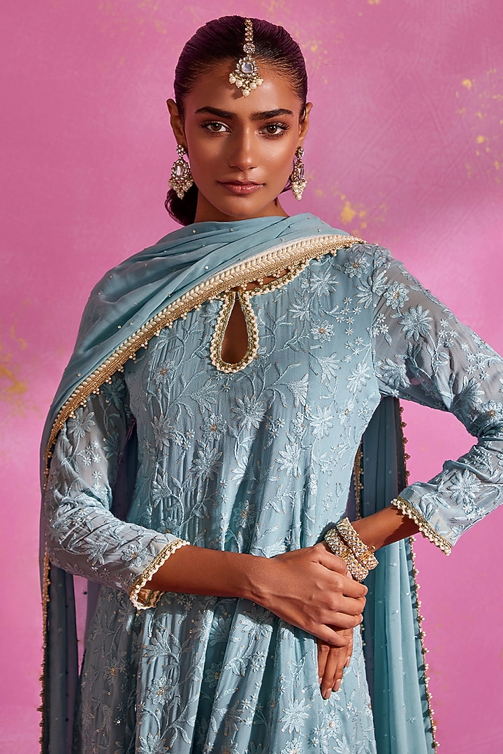 Deep Aqua Georgette Party Wear Sharara Set by Mustard Moon by Neyha and Vrinda at Pernia's Pop Up Shop