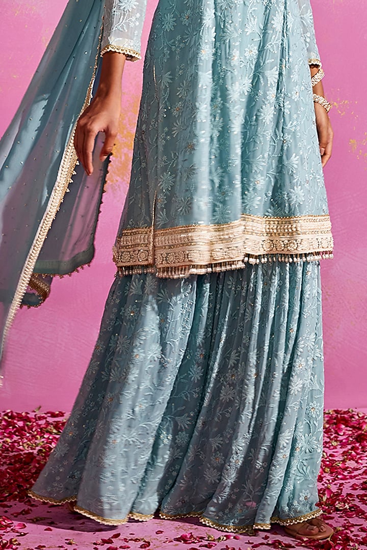 Deep Aqua Georgette Party Wear Sharara Set by Mustard Moon by Neyha and Vrinda at Pernia's Pop Up Shop