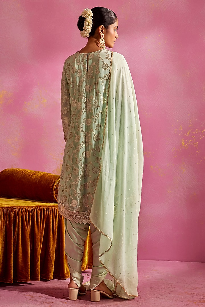 Pistachio Banarasi Brocade High-Low Kurta Set by Mustard Moon by Neyha and Vrinda at Pernia's Pop Up Shop
