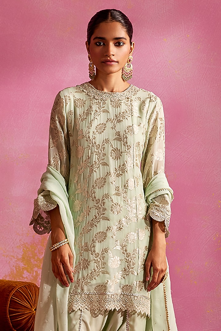 Pistachio Banarasi Brocade High-Low Kurta Set by Mustard Moon by Neyha and Vrinda at Pernia's Pop Up Shop