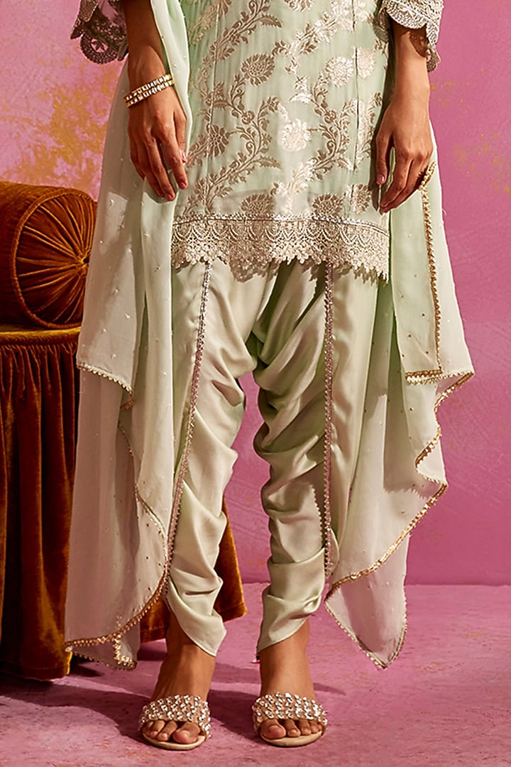 Pistachio Banarasi Brocade High-Low Kurta Set by Mustard Moon by Neyha and Vrinda at Pernia's Pop Up Shop
