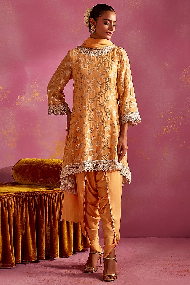 Saffron Banarasi Brocade High-Low Kurta Set by Mustard Moon by Neyha and Vrinda