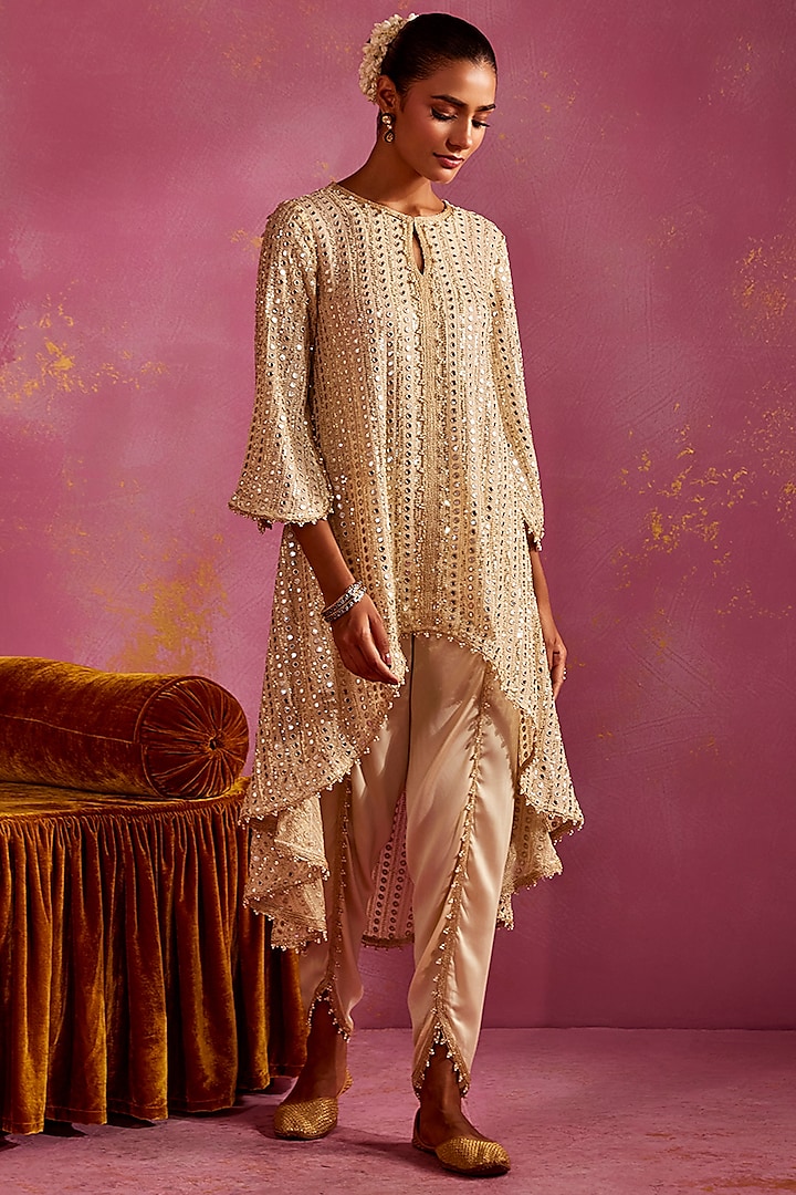 Ivory Georgette Mirror Embroidered Kaftan Set by Mustard Moon by Neyha and Vrinda