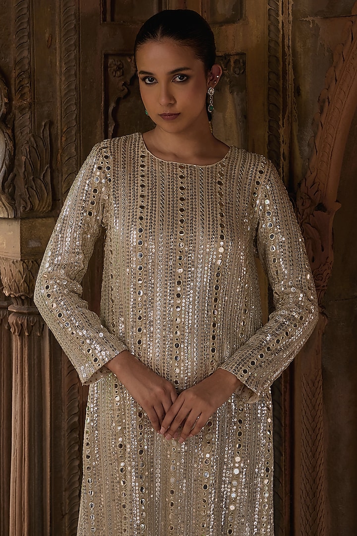 Sand Georgette Sequins Embroidered Kurta Set by Mustard Moon by Neyha and Vrinda at Pernia's Pop Up Shop