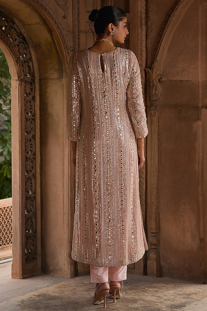 Peach Georgette Sequins Embroidered Kurta Set by Mustard Moon by Neyha and Vrinda at Pernia's Pop Up Shop