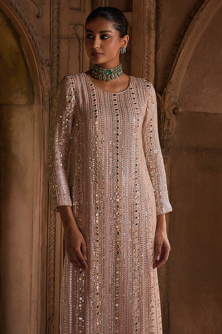 Peach Georgette Sequins Embroidered Kurta Set by Mustard Moon by Neyha and Vrinda at Pernia's Pop Up Shop