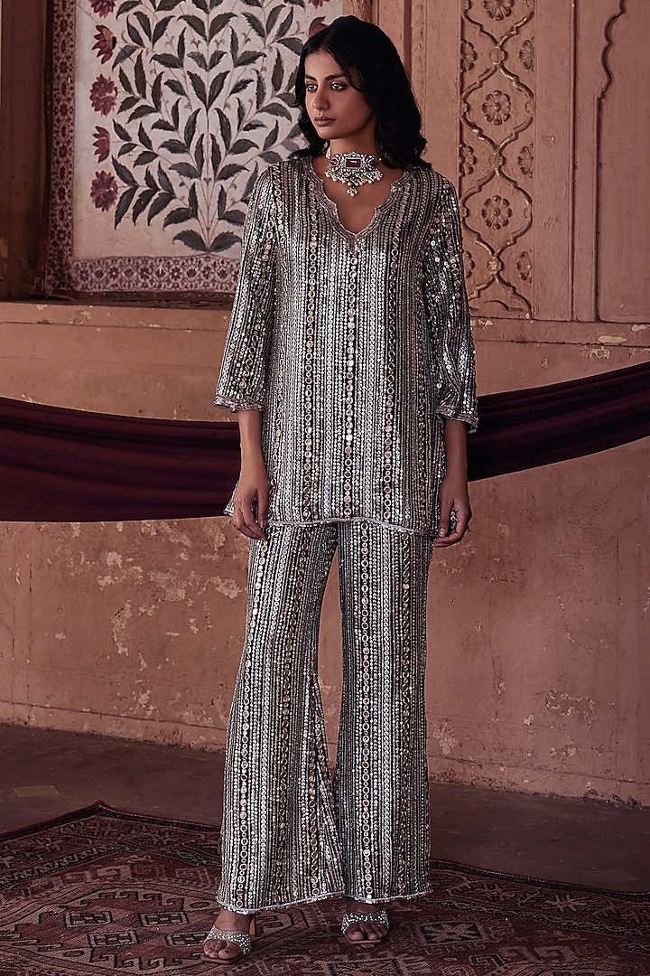 Midnight Navy Georgette Sequins Embroidered Co-Ord Set by Mustard Moon by Neyha and Vrinda at Pernia's Pop Up Shop