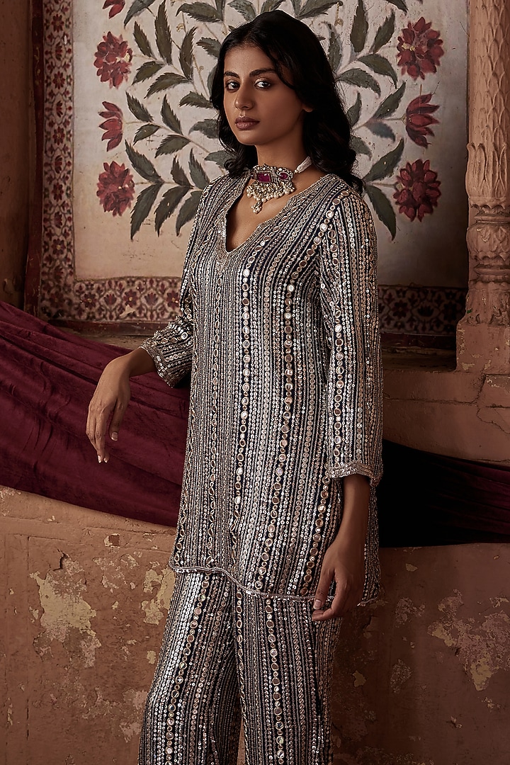 Midnight Navy Georgette Sequins Embroidered Co-Ord Set by Mustard Moon by Neyha and Vrinda at Pernia's Pop Up Shop