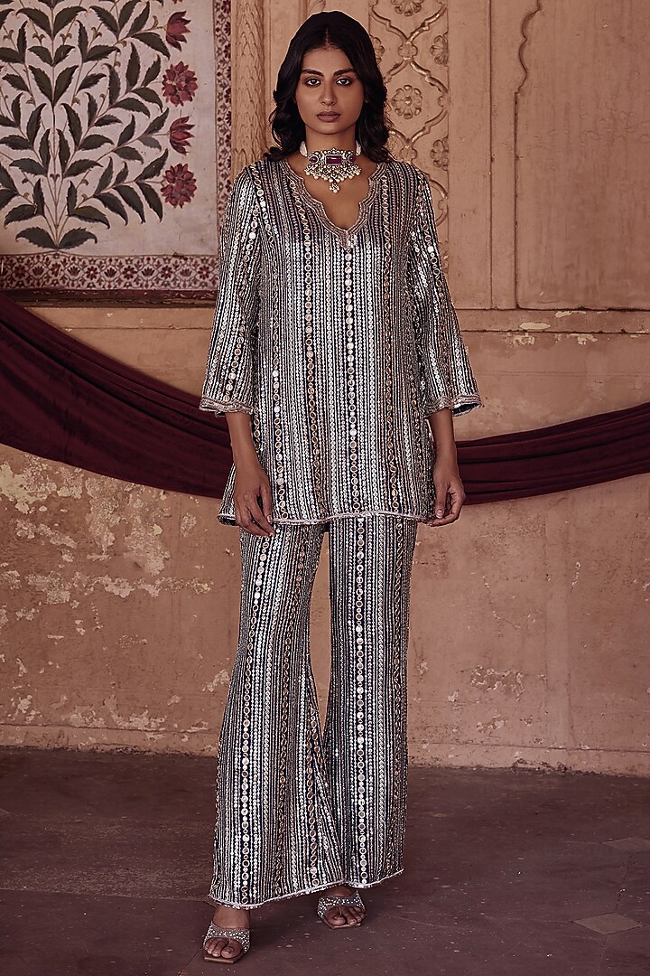 Midnight Navy Georgette Sequins Embroidered Co-Ord Set by Mustard Moon by Neyha and Vrinda at Pernia's Pop Up Shop