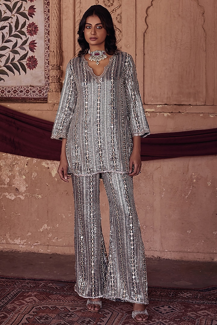 Midnight Navy Georgette Sequins Embroidered Co-Ord Set by Mustard Moon by Neyha and Vrinda at Pernia's Pop Up Shop
