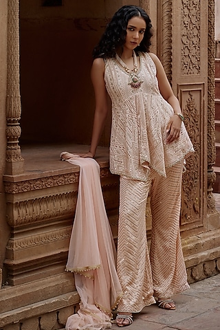 Peach Cutwork Mesh Embroidered Tunic Set by Mustard Moon by Neyha and Vrinda