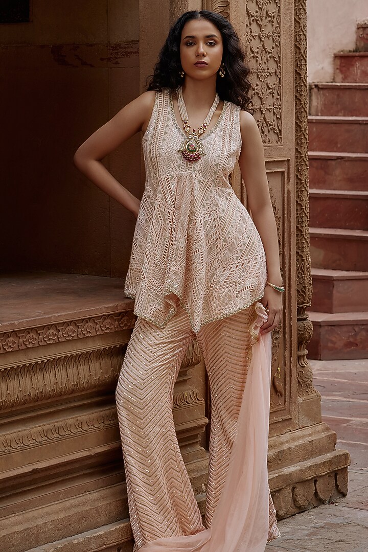 Peach Cutwork Mesh Embroidered Tunic Set by Mustard Moon by Neyha and Vrinda at Pernia's Pop Up Shop