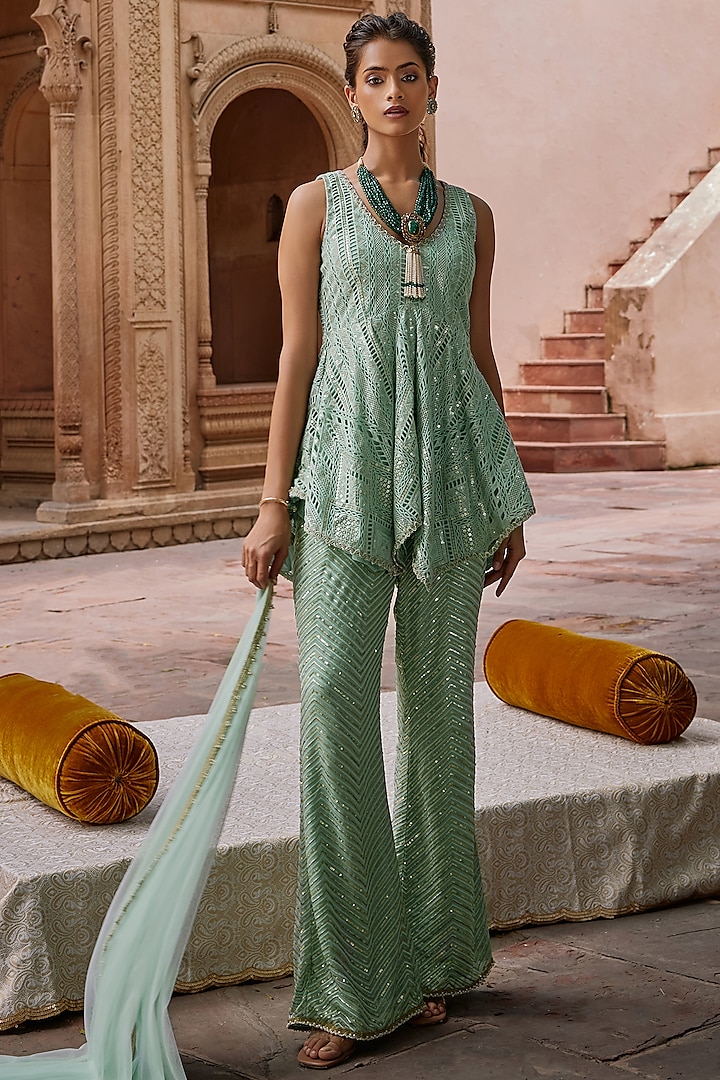 Mint Cutwork Mesh Embroidered Tunic Set by Mustard Moon by Neyha and Vrinda at Pernia's Pop Up Shop