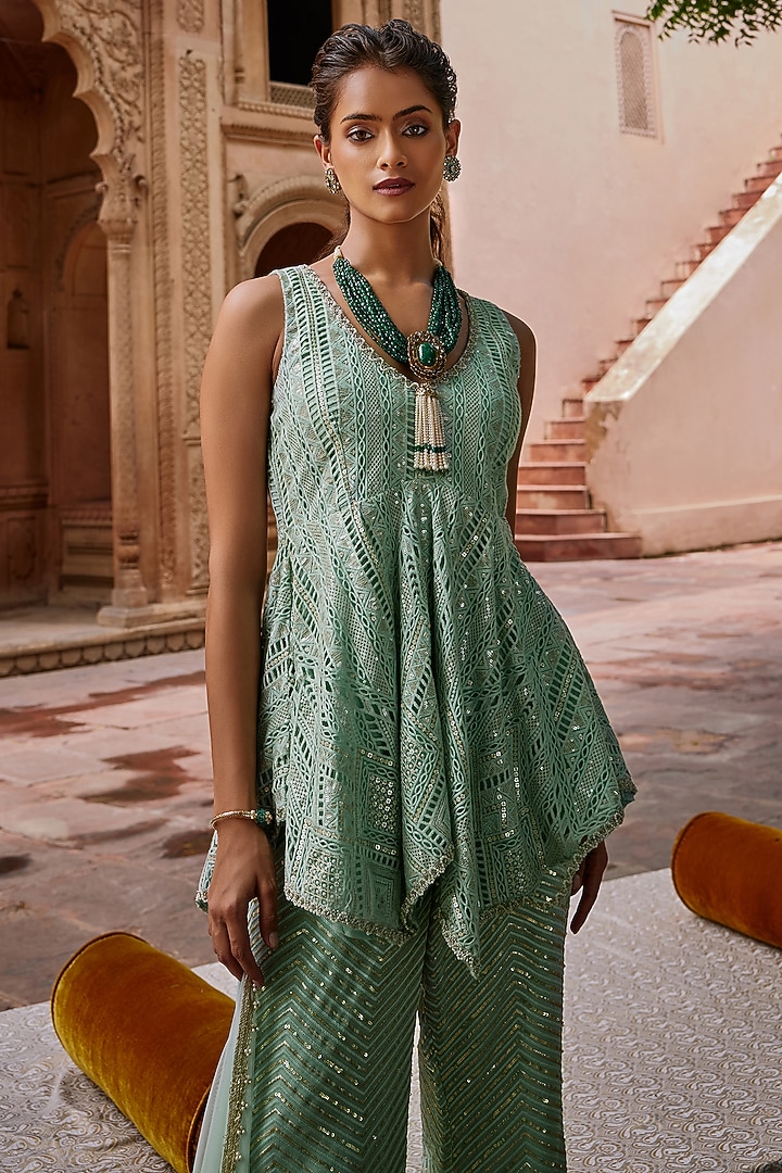 Mint Cutwork Mesh Embroidered Tunic Set by Mustard Moon by Neyha and Vrinda at Pernia's Pop Up Shop