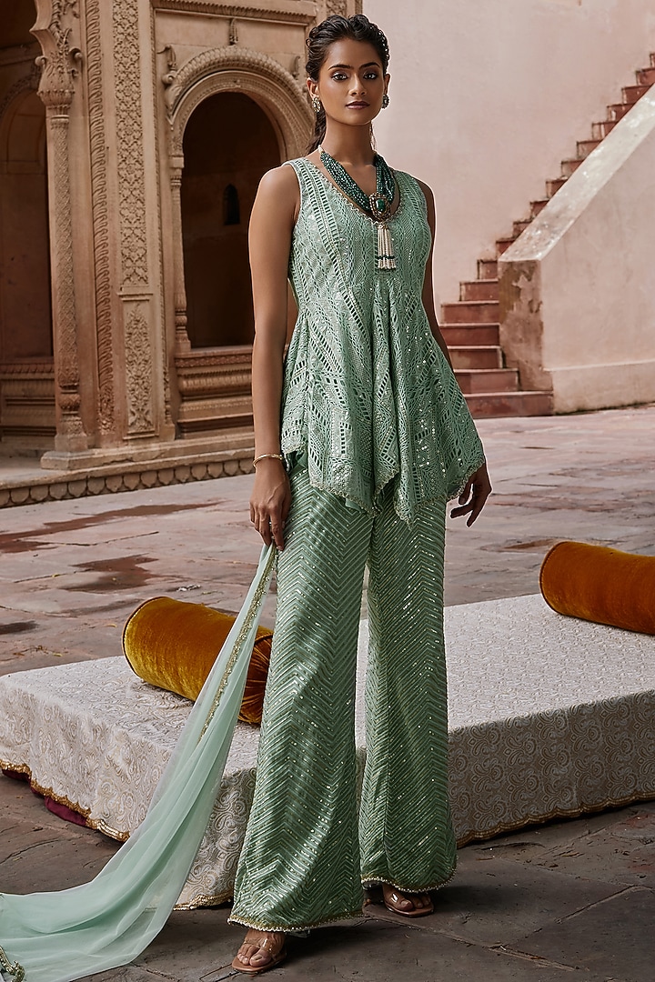 Mint Cutwork Mesh Embroidered Tunic Set by Mustard Moon by Neyha and Vrinda at Pernia's Pop Up Shop