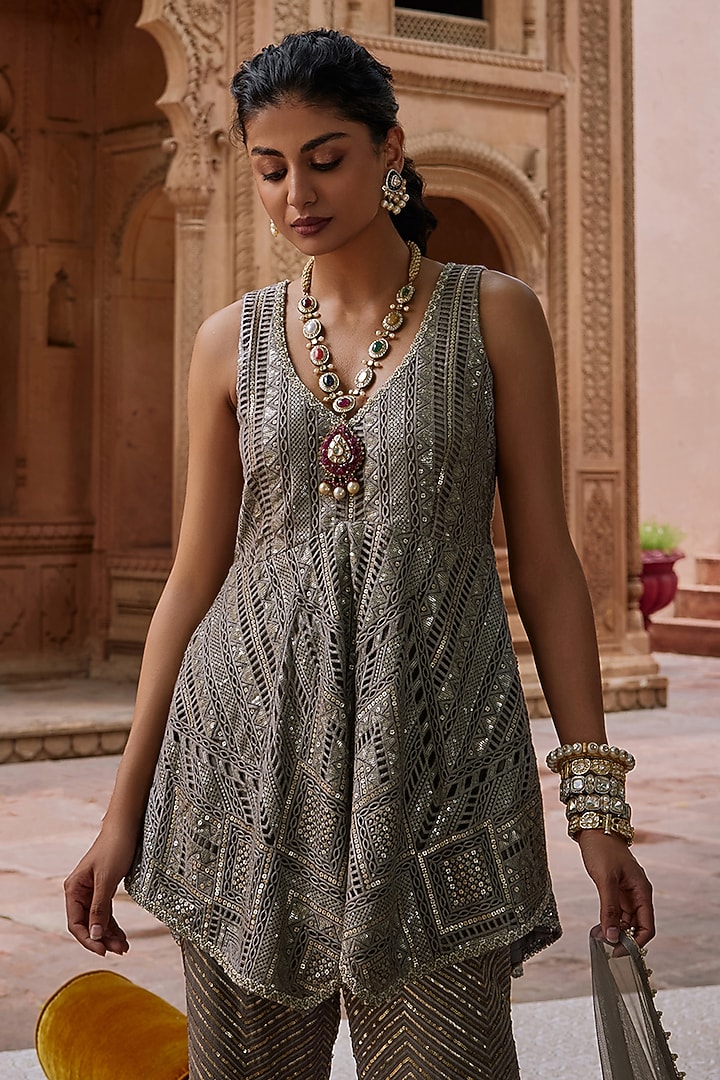 Pewter Grey Cutwork Mesh Embroidered Tunic Set by Mustard Moon by Neyha and Vrinda at Pernia's Pop Up Shop