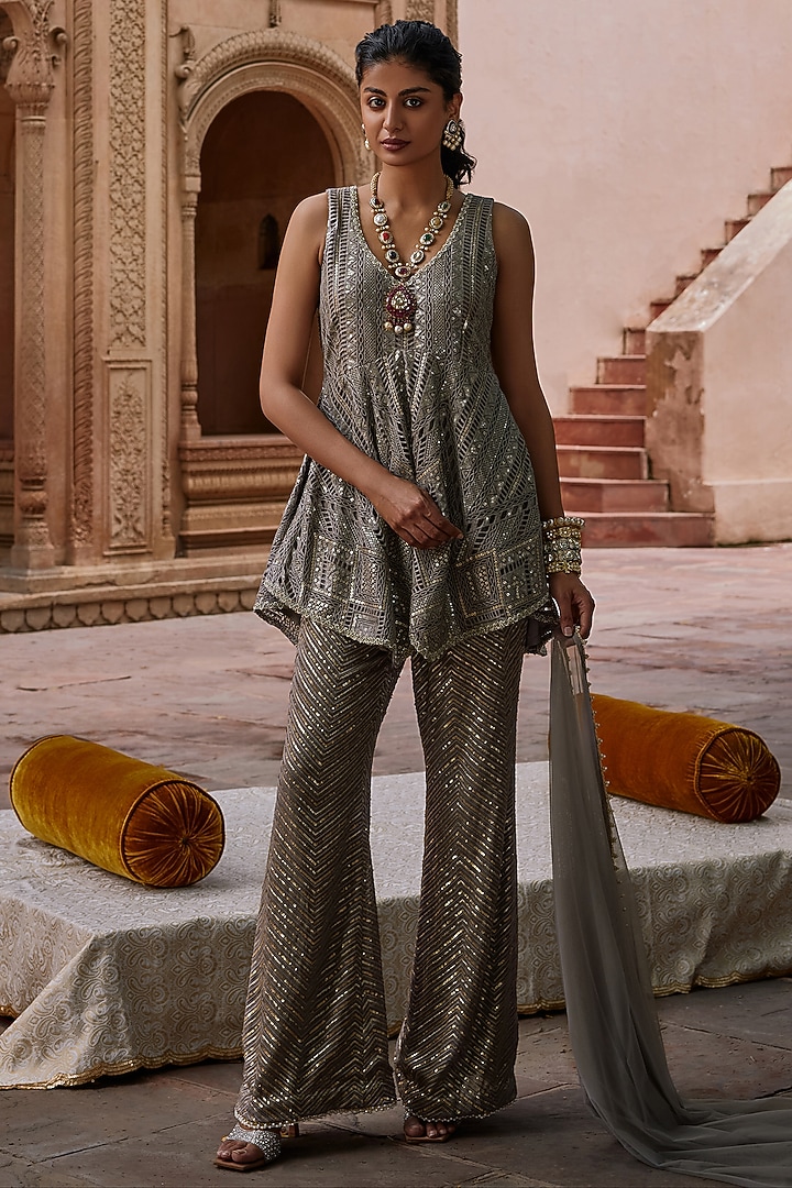Pewter Grey Cutwork Mesh Embroidered Tunic Set by Mustard Moon by Neyha and Vrinda at Pernia's Pop Up Shop