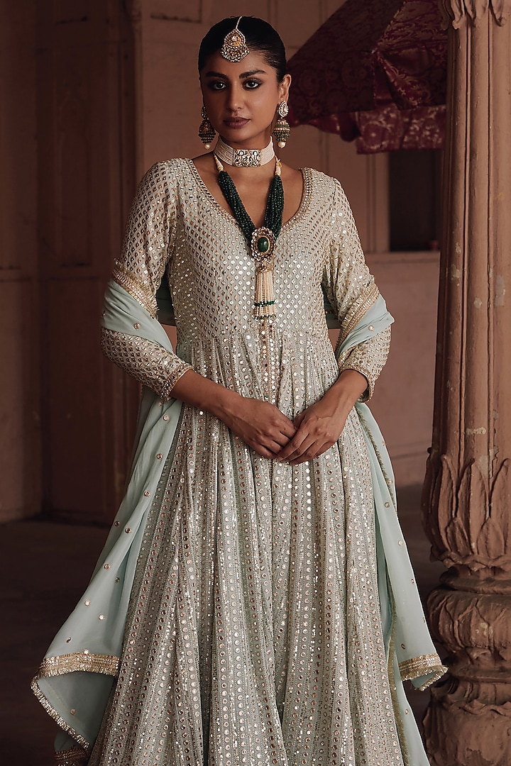 Mint Georgette Embroidered Kurta Set by Mustard Moon by Neyha and Vrinda at Pernia's Pop Up Shop