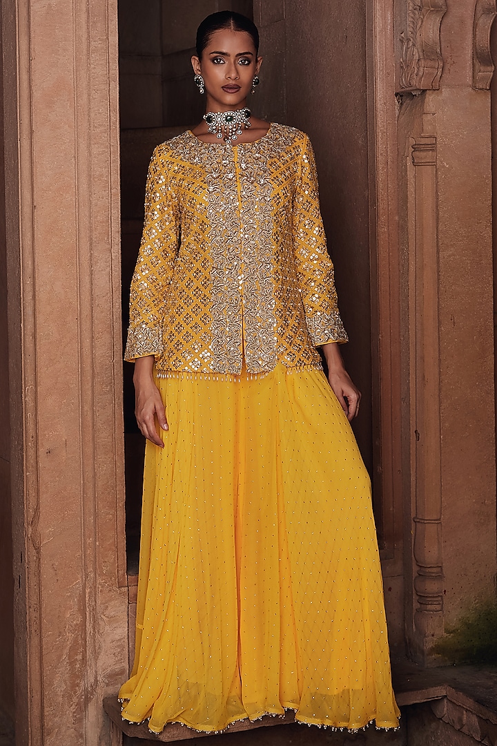 Golden Yellow Georgette Sharara Set by Mustard Moon by Neyha and Vrinda at Pernia's Pop Up Shop