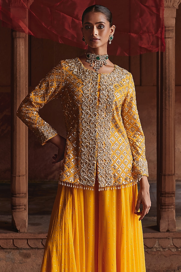 Golden Yellow Georgette Wedding Sharara Set by Mustard Moon by Neyha and Vrinda at Pernia's Pop Up Shop