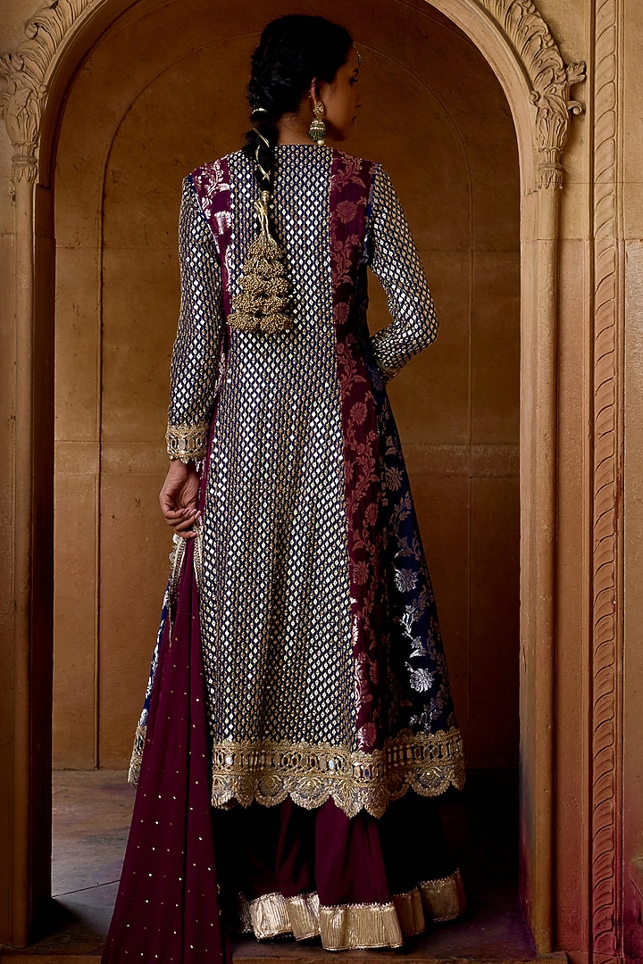 Midnight Navy & Plum Georgette Embroidered Wedding Anarkali Set by Mustard Moon by Neyha and Vrinda at Pernia's Pop Up Shop
