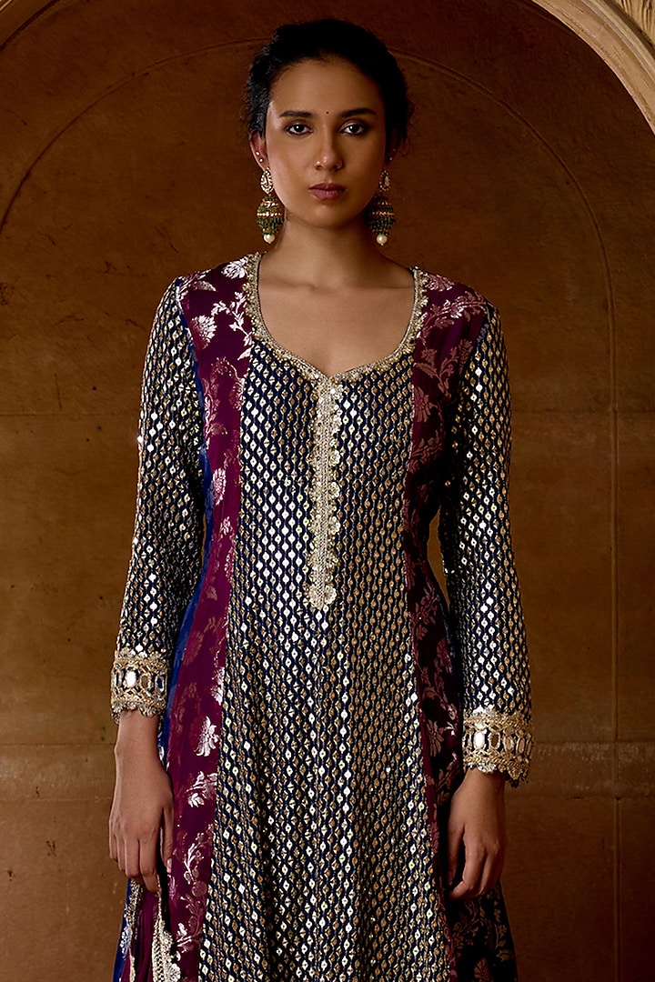 Midnight Navy & Plum Georgette Embroidered Wedding Anarkali Set by Mustard Moon by Neyha and Vrinda at Pernia's Pop Up Shop