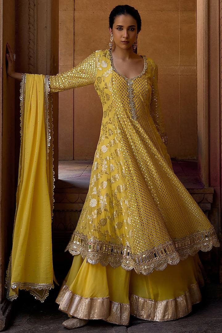 Sunny Yellow Georgette Embroidered Anarkali Set by Mustard Moon by Neyha and Vrinda at Pernia's Pop Up Shop