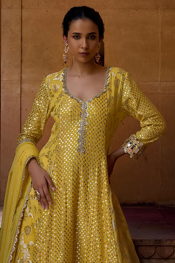 Sunny Yellow Georgette Embroidered Wedding Anarkali Set by Mustard Moon by Neyha and Vrinda at Pernia's Pop Up Shop