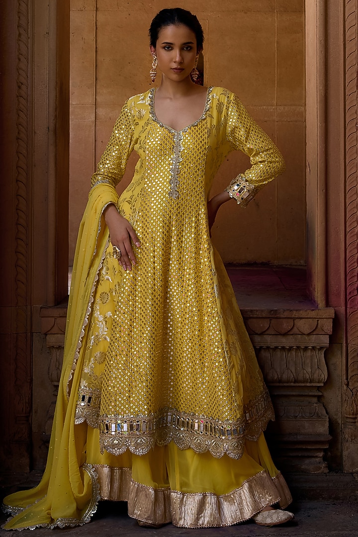 Sunny Yellow Georgette Embroidered Wedding Anarkali Set by Mustard Moon by Neyha and Vrinda at Pernia's Pop Up Shop
