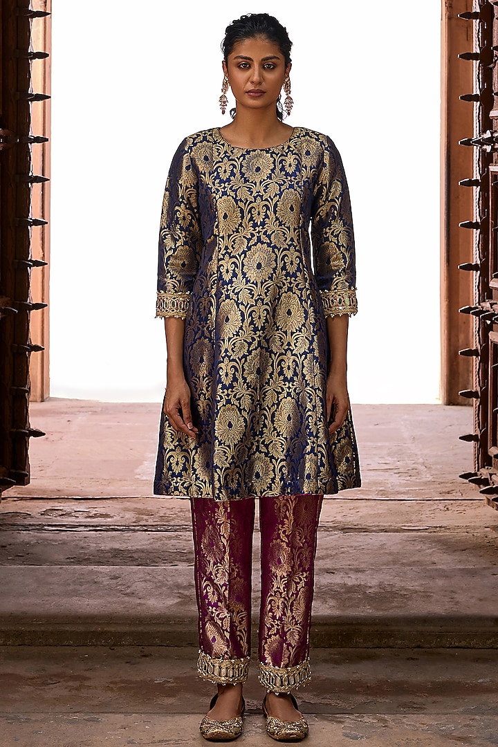 Midnight Navy Banarasi Brocade Embroidered Kurta Set by Mustard Moon by Neyha and Vrinda at Pernia's Pop Up Shop