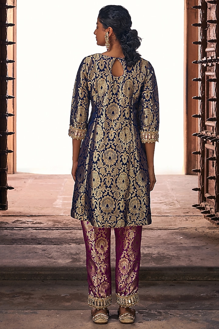 Midnight Navy Banarasi Brocade Embroidered Kurta Set by Mustard Moon by Neyha and Vrinda at Pernia's Pop Up Shop