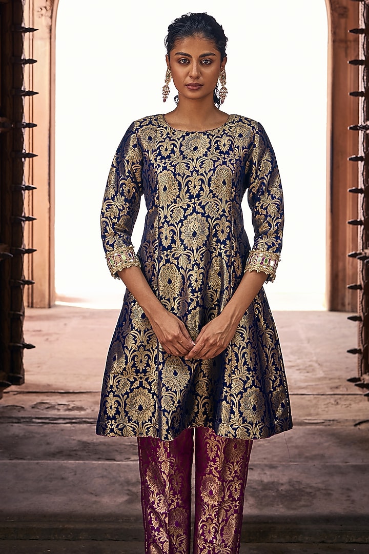 Midnight Navy Banarasi Brocade Embroidered Kurta Set by Mustard Moon by Neyha and Vrinda at Pernia's Pop Up Shop