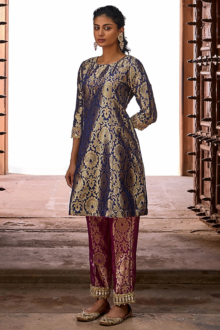 Midnight Navy Banarasi Brocade Embroidered Kurta Set by Mustard Moon by Neyha and Vrinda at Pernia's Pop Up Shop