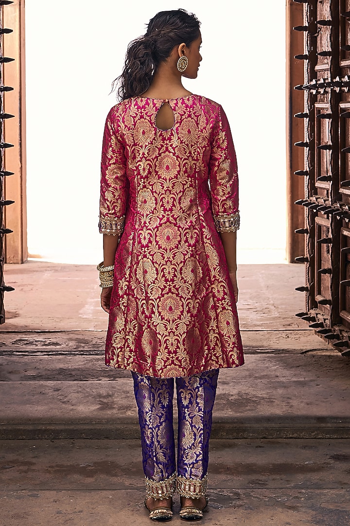 Hot Pink Banarasi Brocade Embroidered Kurta Set by Mustard Moon by Neyha and Vrinda at Pernia's Pop Up Shop