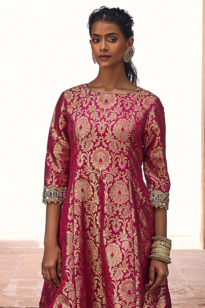 Hot Pink Banarasi Brocade Embroidered Kurta Set by Mustard Moon by Neyha and Vrinda at Pernia's Pop Up Shop