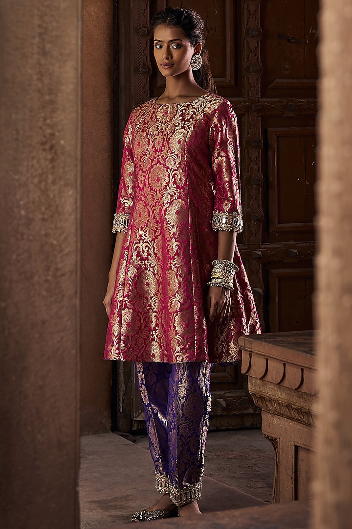 Hot Pink Banarasi Brocade Embroidered Kurta Set by Mustard Moon by Neyha and Vrinda at Pernia's Pop Up Shop