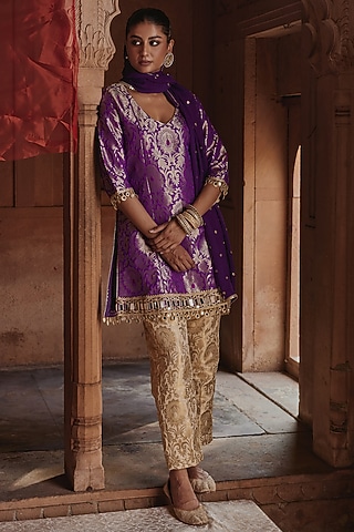 Purple Banarasi Brocade Embroidered Kurta Set by Mustard Moon by Neyha and Vrinda