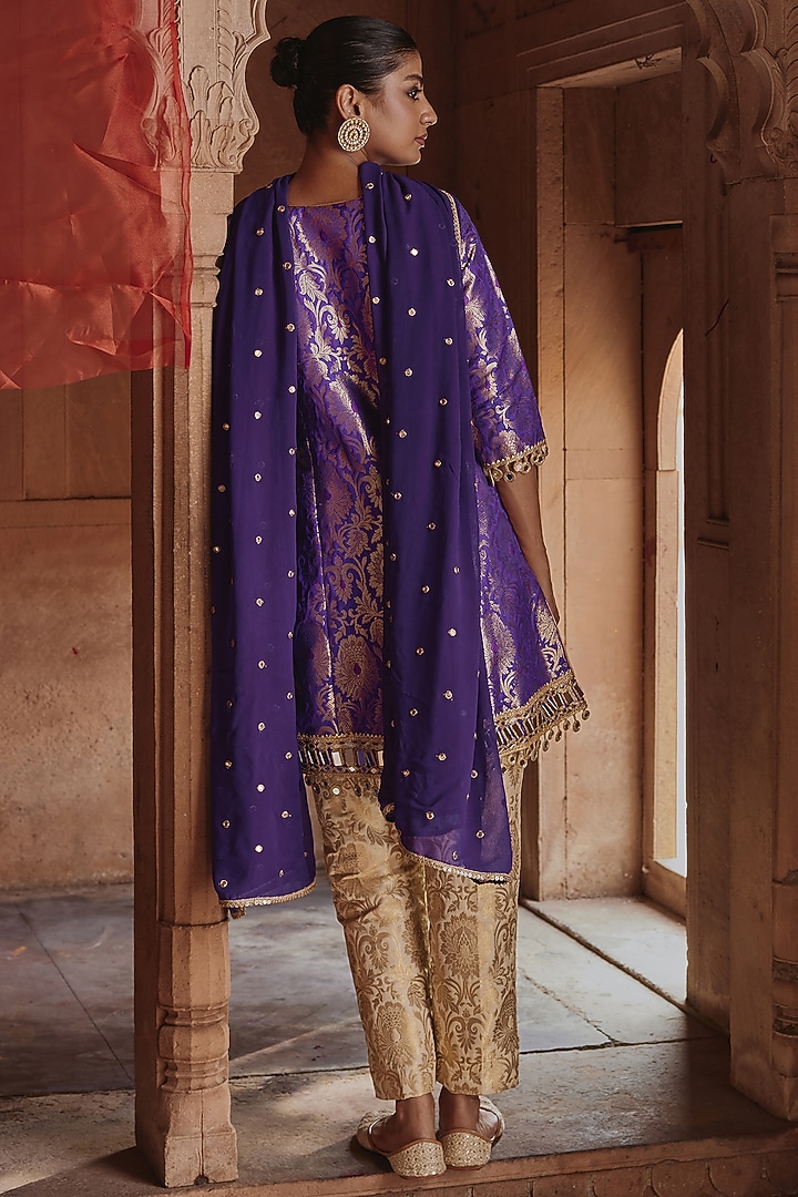 Purple Banarasi Brocade Embroidered Kurta Set by Mustard Moon by Neyha and Vrinda at Pernia's Pop Up Shop